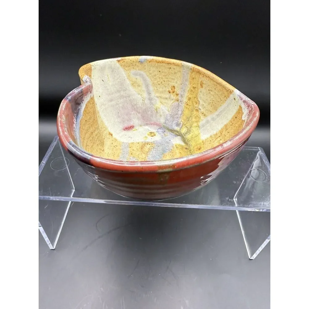 Heart Shaped Stoneware‎ Pottery Bowl Signed Glazed Multicolor Drip